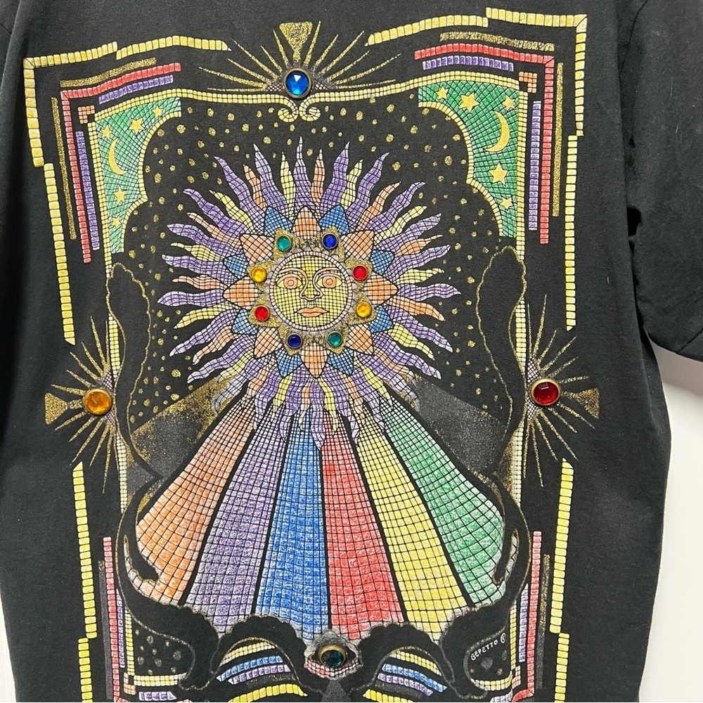 Black ✨ Vintage P.G.B. Rhinestone Art Tee – 90s Designer Celestial Sun Shirt ✨XL - Picture 2 of 10
